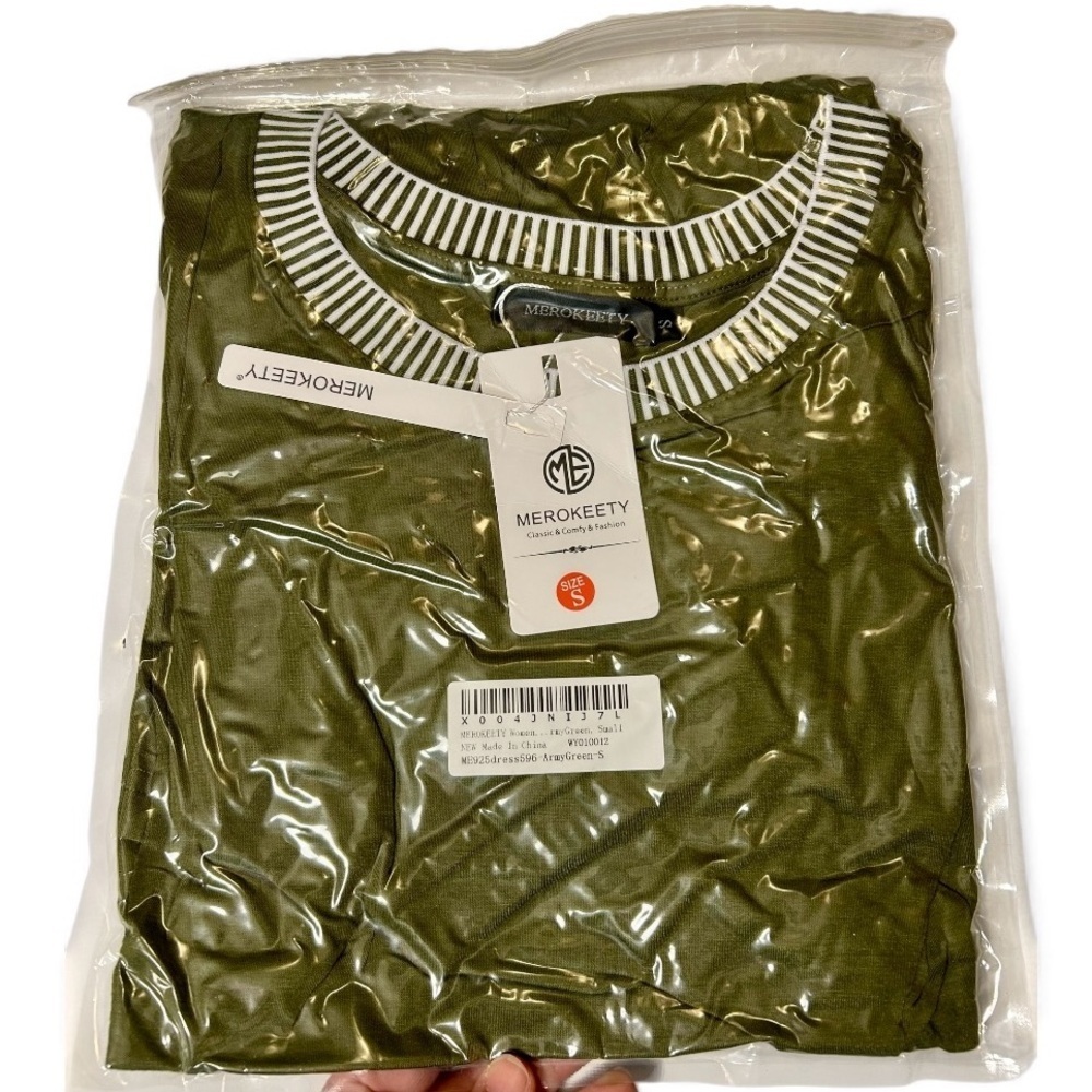 🌿 Boho Breeze! Army Green Tiered Dress | Pockets + Striped Trim | Size S - Picture 7 of 11